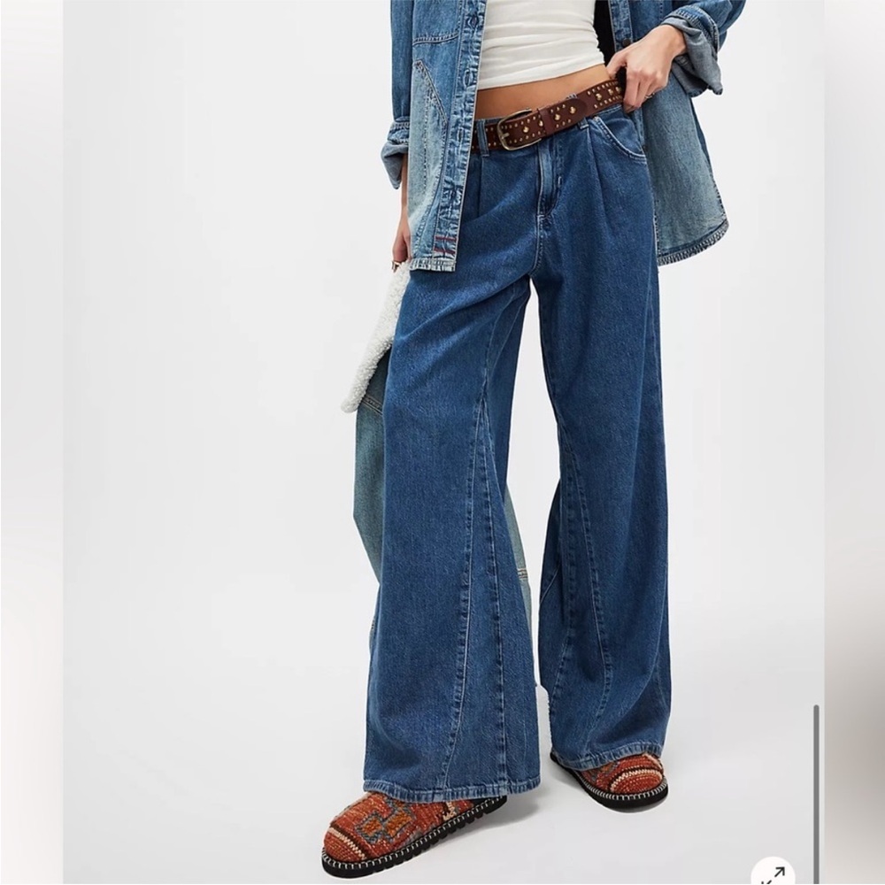 Free People Jeans Sheridan Mid Rise Trouser Wide Leg Soft Dark Wash Linen 26